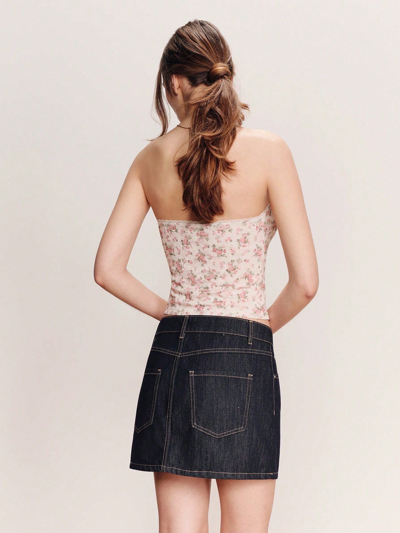 Cream Floral Lace Strapless Thank Top With Flower Trim Pink Floral Lace Top Spring Summer Going Out Vacation Top French Style Parisian Style Ladies Clothes