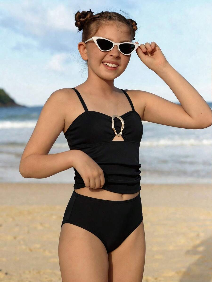 Tween Girl Vacation Beach Camisole Tankini Set - Black - View 1