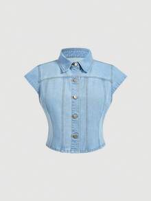 Sweetra Rompi Denim Tanpa Lengan Kasual Modis untuk Wanita, Ukuran Plus - Light Wash - View 1