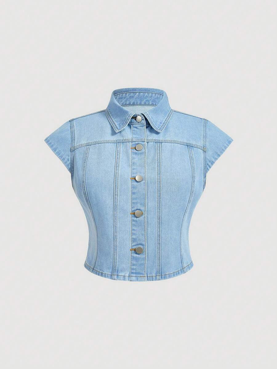 Sweetra Rompi Denim Tanpa Lengan Kasual Modis untuk Wanita, Ukuran Plus - Light Wash - View 1