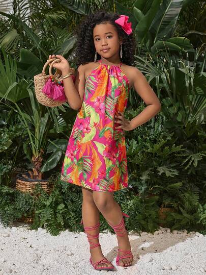 SHEIN 少女度假休闲雪纺碎花吊带连衣裙