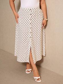 Elaquor Plus Size Casual Ditsy Floral Button Front Skirt - Multicolor - View 6