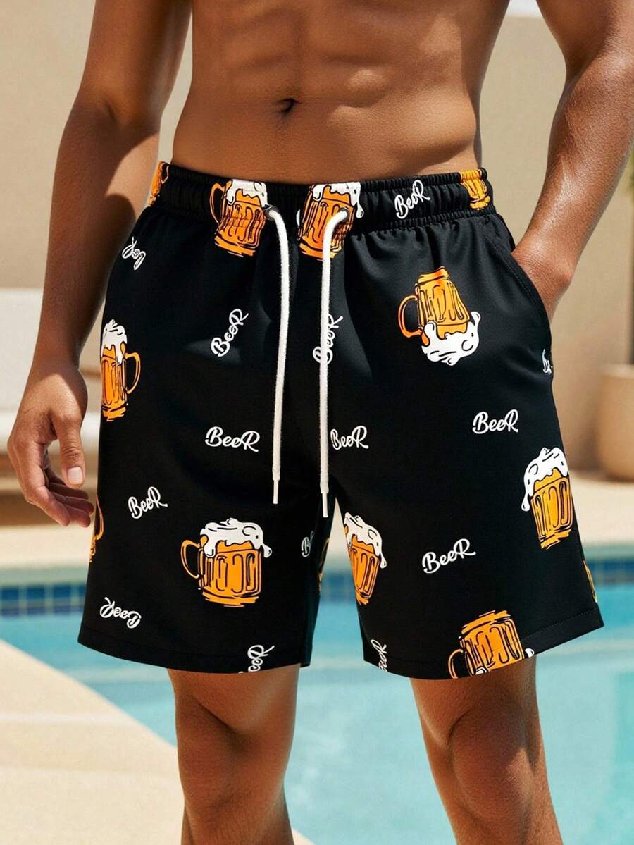Manfinity Swimmode 男士啤酒印花斜插口袋抽绳腰沙滩短裤 - 彩色 - 查看 1
