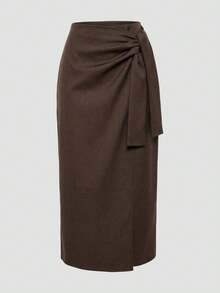 Lumivelle Women's Elegant Dark Coffee Solid A-Line High Waist Slit Tie Ruched Asymmetric Skirt, Suitable For Vacation - Brown - View 1