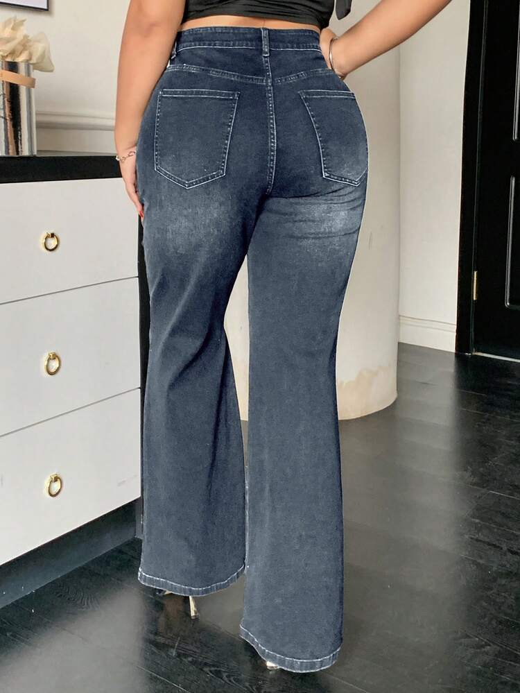 Dazy Plus Washed Black & Distressed Elastic Fitted Sequin Decor Flare Leg Jeans