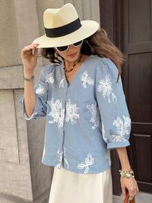 SHEIN Clasi Women's Elegant Blue And White Stripe Embroidered Sequin V-Neck Lantern Sleeve Loose Blouse, Casual Tea Party & Autumn Vacations For Women - Blue - View 6