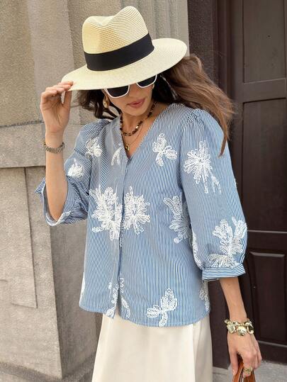 Solivie 女士条纹V领长袖衬衫