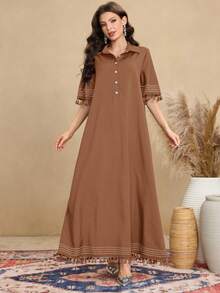 Al Najma Gaun Wanita Lengan Pendek Kerah Kemeja Desain Rumbai Retro, Gaya Arab Kasual - Kopi - View 5
