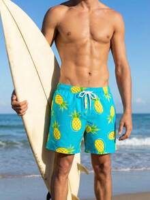 Surfspeed Men's Colorful Pineapple Print Casual Beach Shorts Pineapple Print Shorts Men Vacation Beachwear Men's Pineapple Swim Trunks - Mint Blue - View 3
