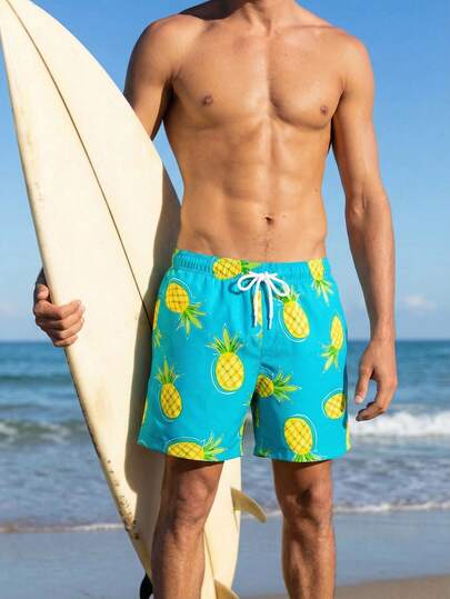 Manfinity Swimmode Shorts de playa casuales con estampado de piña de colores para hombres, shorts con estampado de piña para vacaciones y trajes de baño con estampado de piña para hombres