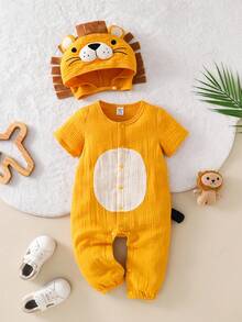 SHEIN Playful Pals 婴儿/幼儿男童可爱狮子图案纯棉连体衣，带帽子，精美刺绣，适合派对、节日、郊游、拍照等场合，舒适又可爱 - 黃色 - 查看 2