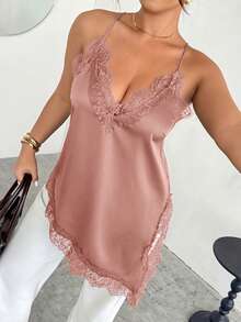 Firerie Femmes grande taille Débardeur asymétrique à bretelles fines avec dentelle contrastée et ourlet asymétrique - Vieux Rose - Voir 5