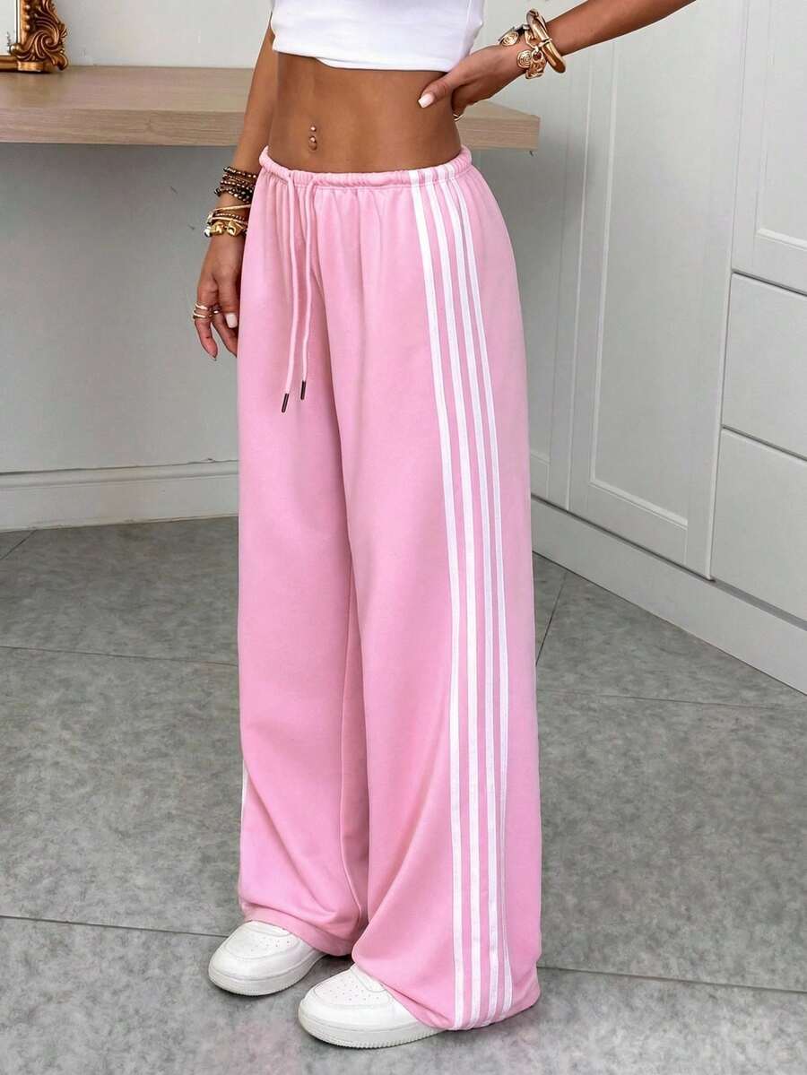 SHEIN EZwear 女士白色粉色针织低腰侧条纹长款运动裤 - 粉色 - 查看 1