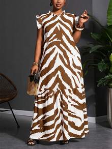 Veslaya Plus Size Casual Dress With All-Over Print - Brown - View 8