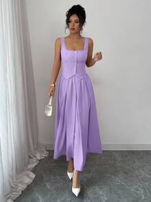 Rafferiza Women's Fashionable Sleeveless Square Neck Single-Breasted Vest And Pleated Flared Skirt 2-Piece Set, Versatile Daily Wear - Lilac Purple - View 3