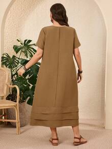 EMERY ROSE Plus Size Solid Color Short Sleeve Casual Vacation Dress Spring Outfits For Women Vacation Country Sage Green - Mocha Brown - View 2