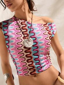 Easelle Áo tank top ngắn tay kẻ sọc cổ lệch vai dành cho nữ, thích hợp cho kỳ nghỉ. - Nhiều màu - Xem 5