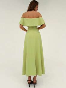 Rafferiza Vestido largo de línea A con botones y hombros descubiertos para mujeres - Verde - Ver 2