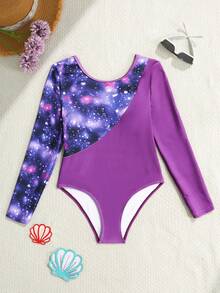 少女新款时尚紫色撞色星空印花连体泳衣，适合游泳、度假、夏季海滩穿着、儿童泳装、暑假 - 紫色 - 查看 4