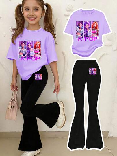 1 Set Conjunto informal de niña preadolescente con camiseta de manga corta con estampado de grupo de chicas de dibujos animados/anime K-Pop y pantalones acampanados, adecuado para salidas, escuela, reuniones diarias y uso informal en verano