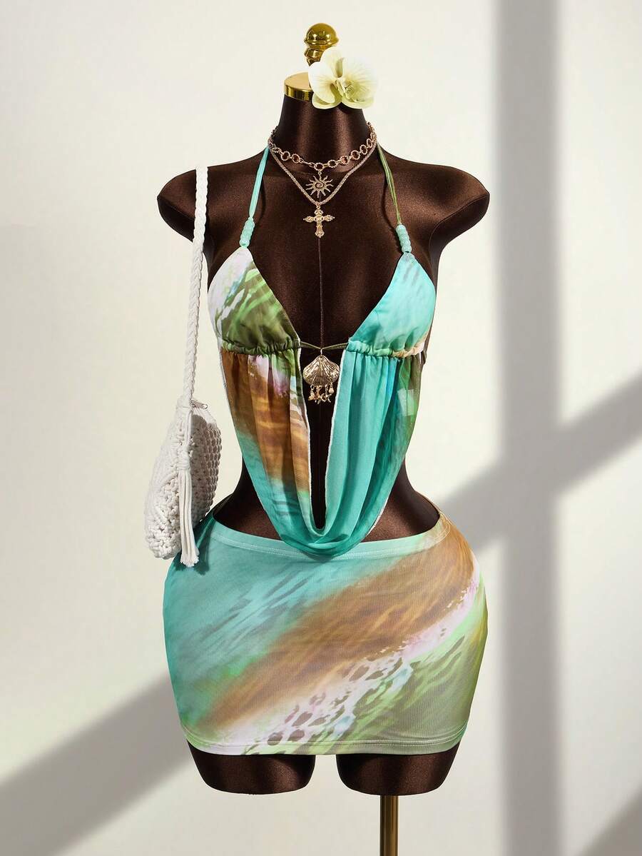 Zestiva Conjunto de ropa de mujer para festival de música bohemio, disfraz de fiesta de rock, ropa de playa de verano, disfraz de Halloween, atuendo de Acción de Gracias, vestido elegante de fiesta, atuendo sexy de lujo para discoteca, conjunto de ropa para fiesta de piscina, top corto con teñido anudado y decoración de cuentas con minifalda sexy - Multicolor - Ver 1