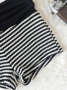 SHEIN Tween Girls Casual Striped Tank Top & Shorts Set - Black and White - View 4