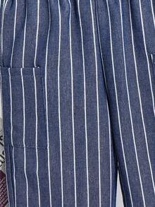 Young Boys Casual Comfortable Versatile Striped Straight Leg Pants - Navy Blue - View 7