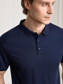 Officeau 男士纯色休闲通勤 Polo 衫，夏季，适合打高尔夫 - 藏蓝色 - 查看 5