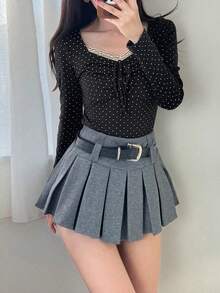 FRIFUL Áo thun dài tay ôm dáng in họa tiết chấm bi dành cho nữ - màu đen - Xem 6