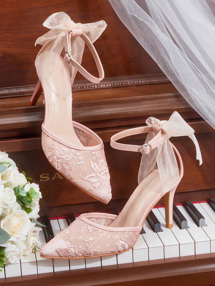 CUCCOO HITCHD Women's Pointed Toe High Heel Hollow Out Pink Lace Bow Applique Elegant Romantic Breathable Wedding Party Pumps For Christmas Elegant Shoes Wedding Shoes Summer Shoes Bride Shoes