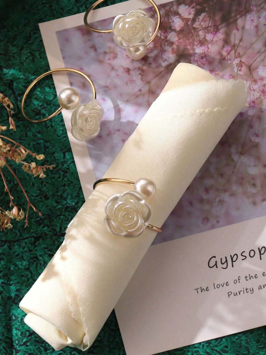 4-30pcs Pearl Rose Napkin Rings, Suitable For Wedding, Home, Daily Dining Table Decoration - Multicolor - View 1
