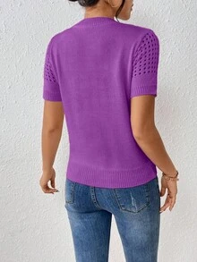 EMERY ROSE Women's Round-Neck Solid Color Short-Sleeved Knitted Top For Summer For New Year Clothes Office Deep Purple Elegant - Purple - View 2