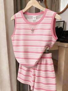 夏秋季休闲时尚女童粉白条纹背心短裤两件套，条纹印花无袖背心和短裤两件套，舒适的夏秋季款式，适合女孩日常穿着，粉色条纹两件套，简约设计，适合大龄女孩。 - 白色 - 查看 3