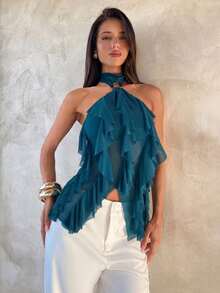 Aloruh Áo tank top ôm dáng cổ đứng nhiều lớp, viền bèo nhún, thanh lịch dành cho nữ - Màu xanh lá cây đậm - Xem 7