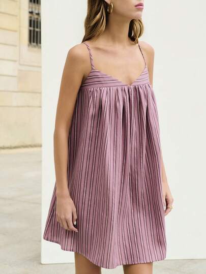 Nöista Vestido mini a rayas en morado y blanco, escote en V y tirantes ajustables en la espalda, vestido con silueta A. Atuendo de verano, primavera, festival de música, casual, playa, vacaciones para mujeres.