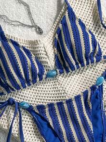 Swim Mod Women's Spring/Summer Jacquard Fabric Beaded Halter Bikini Set - Blue and White - View 4