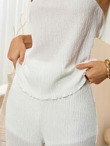 Lymera Conjunto de top bandeau blanco, pantalones holgados y pañuelo de seda suave y cómodo de moda casual para mujer, primavera/verano - Blanco - Ver 5