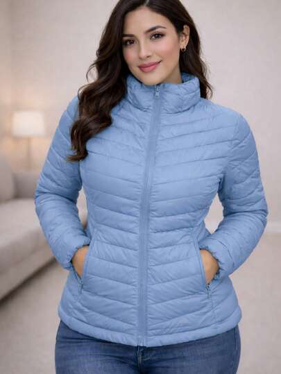 Chamarra acolchada ligera mujer casual elegante oficina uso diario primavera otoño invierno ajuste cómodo moderno versátil cierre frontal bolsillos prácticos