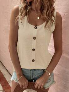 新款时尚女式圆领纽扣吊带背心 - 杏色 - 查看 4