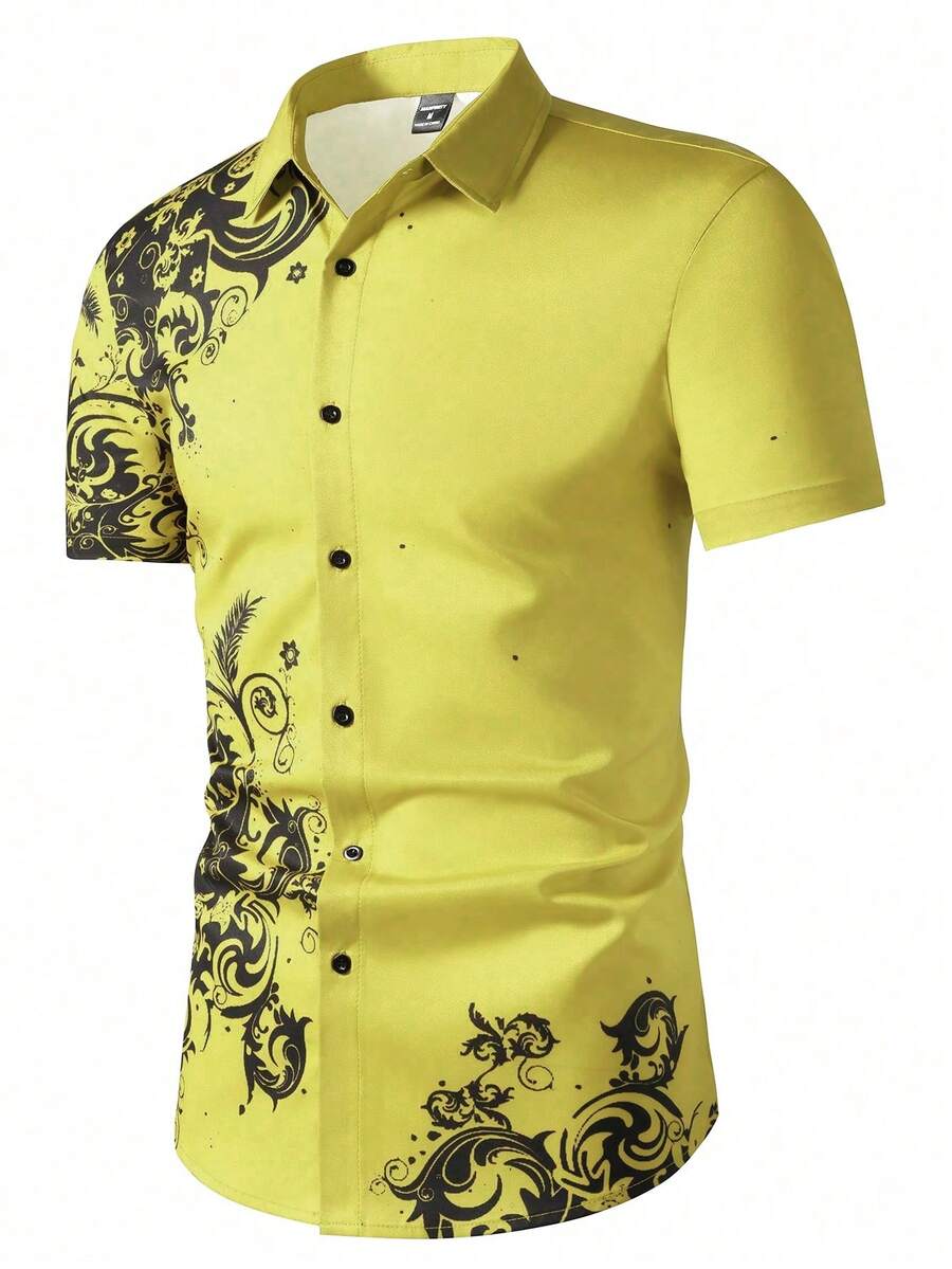 Manfinity AFTRDRK Men's Floral Print Single-Breasted Casual Versatile Commuting Short Sleeve Shirt - Light Yellow - View 1