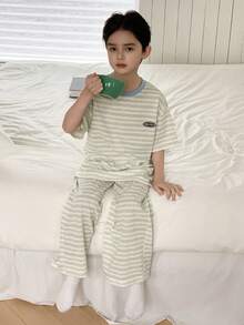 DAZY Tween Boy Letter & Striped Short Sleeve Top And Pants Pajama Set - Blue - View 5