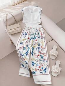 GlowEve CURVE Set casual da vacanza a due pezzi, top tubo e pantaloni, con stampa floreale, taglie comode - Bianco - Visualizzare 4