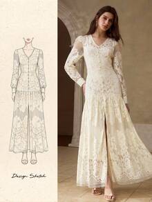 MOTF PREMIUM WOMEN'S ROMANTIC V-NECK LACE EMBROIDERED LONG DRESS - Apricot - View 9