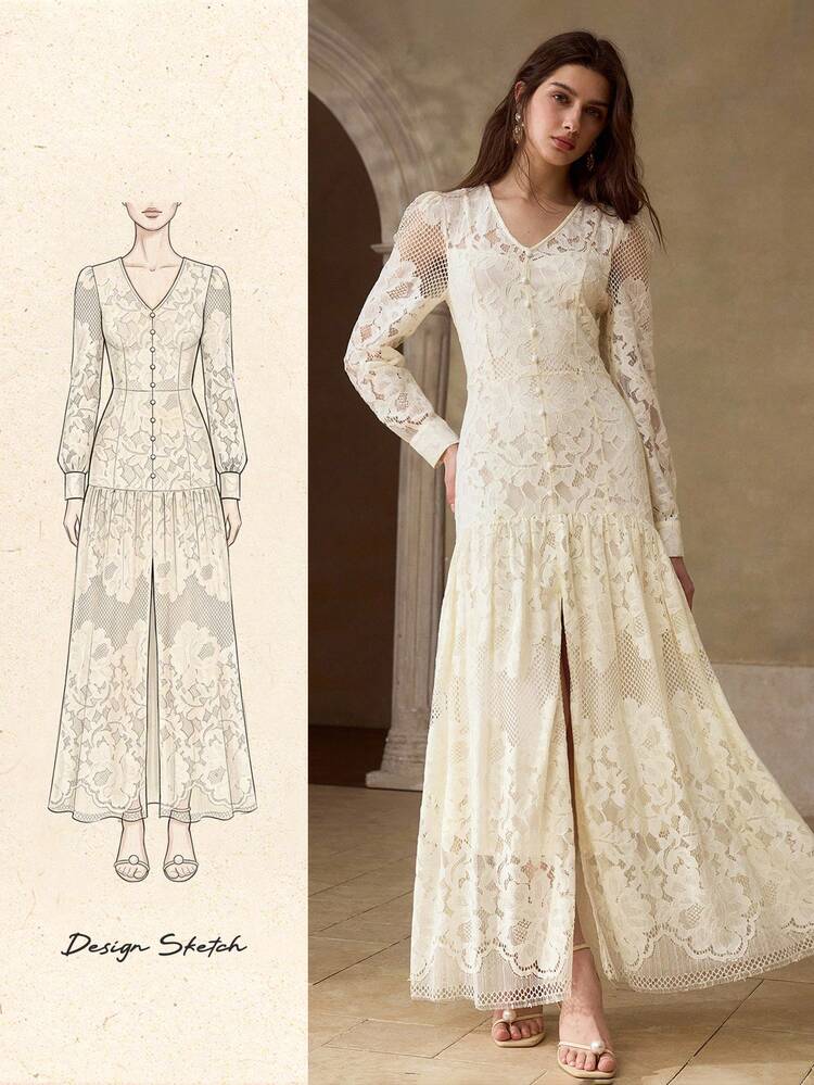 WOMEN'S ROMANTIC V-NECK LACE EMBROIDERED LONG DRESS