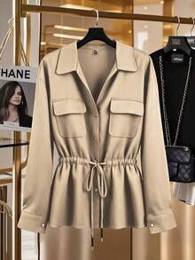 Franclia Plus Size 35+ Women's Linen-Like Crinkle Fabric Collared V-Neck Button-Front Utility Pocket Drawstring Waist A-Line Relaxed Casual Elegant Casual Blouse, Long Sleeve, Suitable For Autumn, Vacation, Office, Commute Trench Coat Women Blouse For Women Casual Modern S3433 Of Woman Clothes Professional Clothes Women Sets Clothes For Ladies Women Clothes Blouses For Women Casual Ladies Clothes Blouses For Women Khaki Green - Apricot - View 1