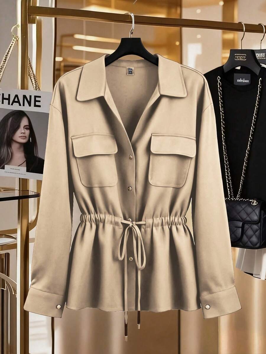 Franclia Plus Size 35+ Women's Linen-Like Crinkle Fabric Collared V-Neck Button-Front Utility Pocket Drawstring Waist A-Line Relaxed Casual Elegant Casual Blouse, Long Sleeve, Suitable For Autumn, Vacation, Office, Commute Trench Coat Women Blouse For Women Casual Modern S3433 Of Woman Clothes Professional Clothes Women Sets Clothes For Ladies Women Clothes Blouses For Women Casual Ladies Clothes Blouses For Women Khaki Green - Apricot - View 1