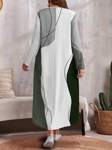 EMERY ROSE Plus Size Casual Contrast Color Block Faux 2-In-1 Dress Fall Clothes - Olive Green - View 2