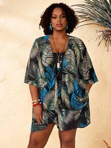 EMERY ROSE Ensemble 2 pièces grande taille pour femmes, veste kimono et short imprimé feuilles tropicales, printemps/été - Multicolore - Voir 8