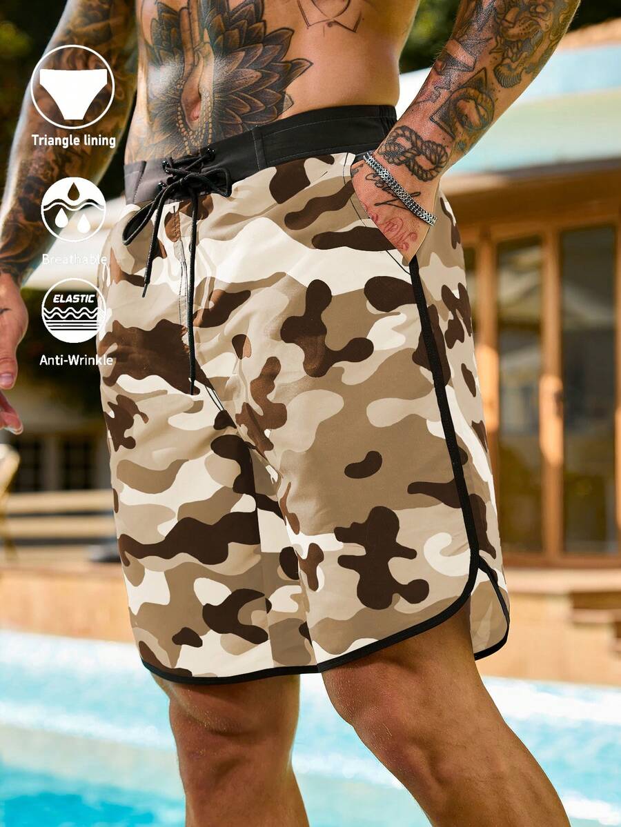 Palasendo Men's Casual Camo Print Drawstring Waist Slant Pocket Loose Beach Shorts - Multicolor - View 1