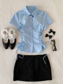 Comfortcana 女士夏季休闲纯色交叉系带腰衬衫 - 淺藍色 - 查看 3